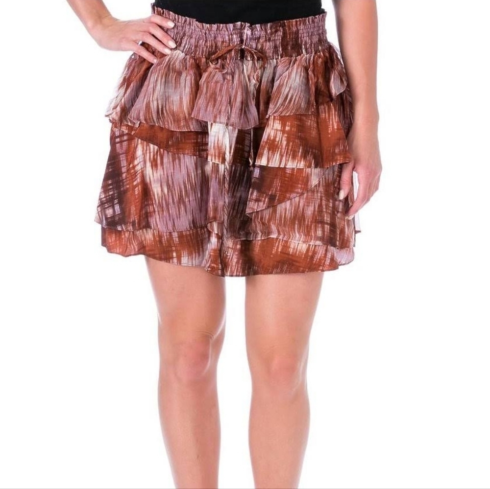 NWT Elizabeth and James Womens Hillary Brown Silk Printed Tiered Skirt